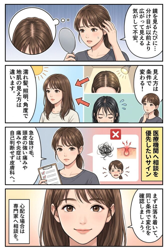 マンガ解説:分け目やつむじが以前より目立つと感じたら、まず見ておきたいこと