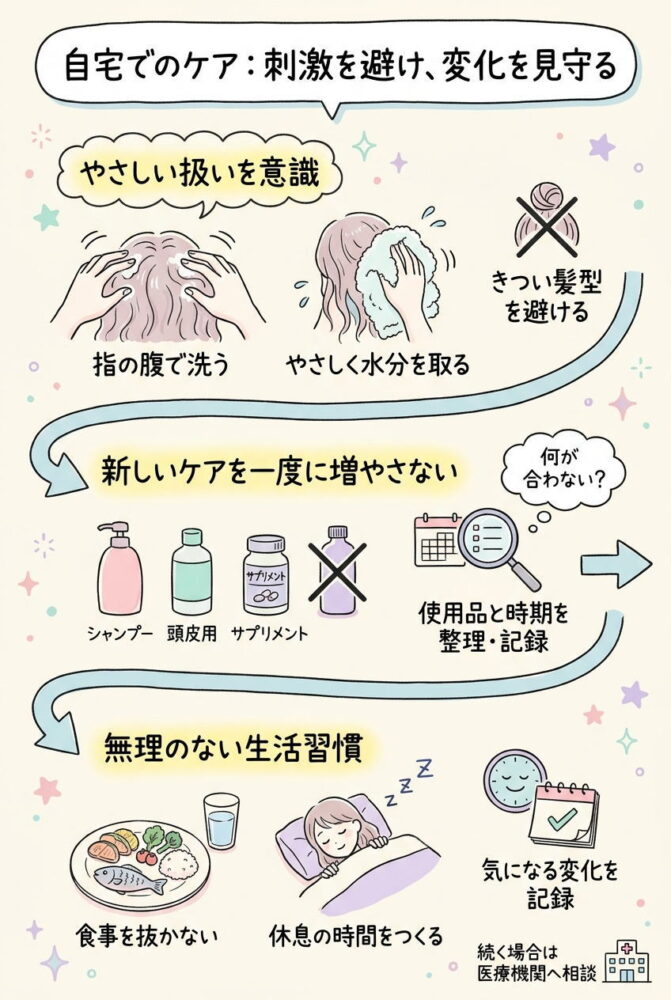 図解:自宅でのケアは「刺激を増やさず、変化を見守る」